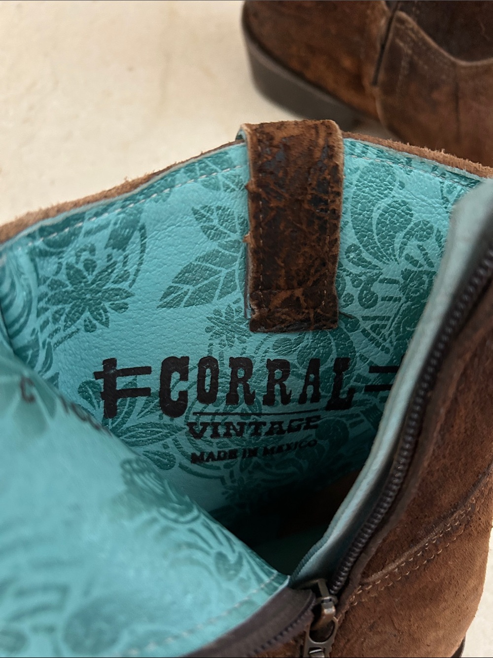 Corral Brown Suede Women's Cowboy Boots with Teal Lining - Picture 3 of 4